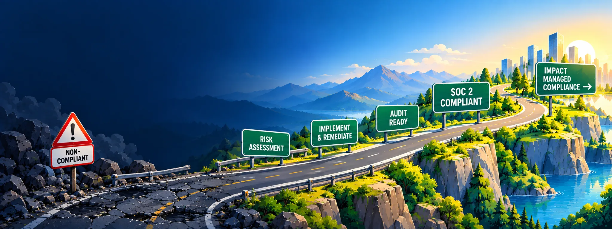 The compliance road: from Non-Compliant through Risk Assessment, Implement & Remediate, Audit Ready, and SOC 2 Compliant to Impact Managed Compliance
